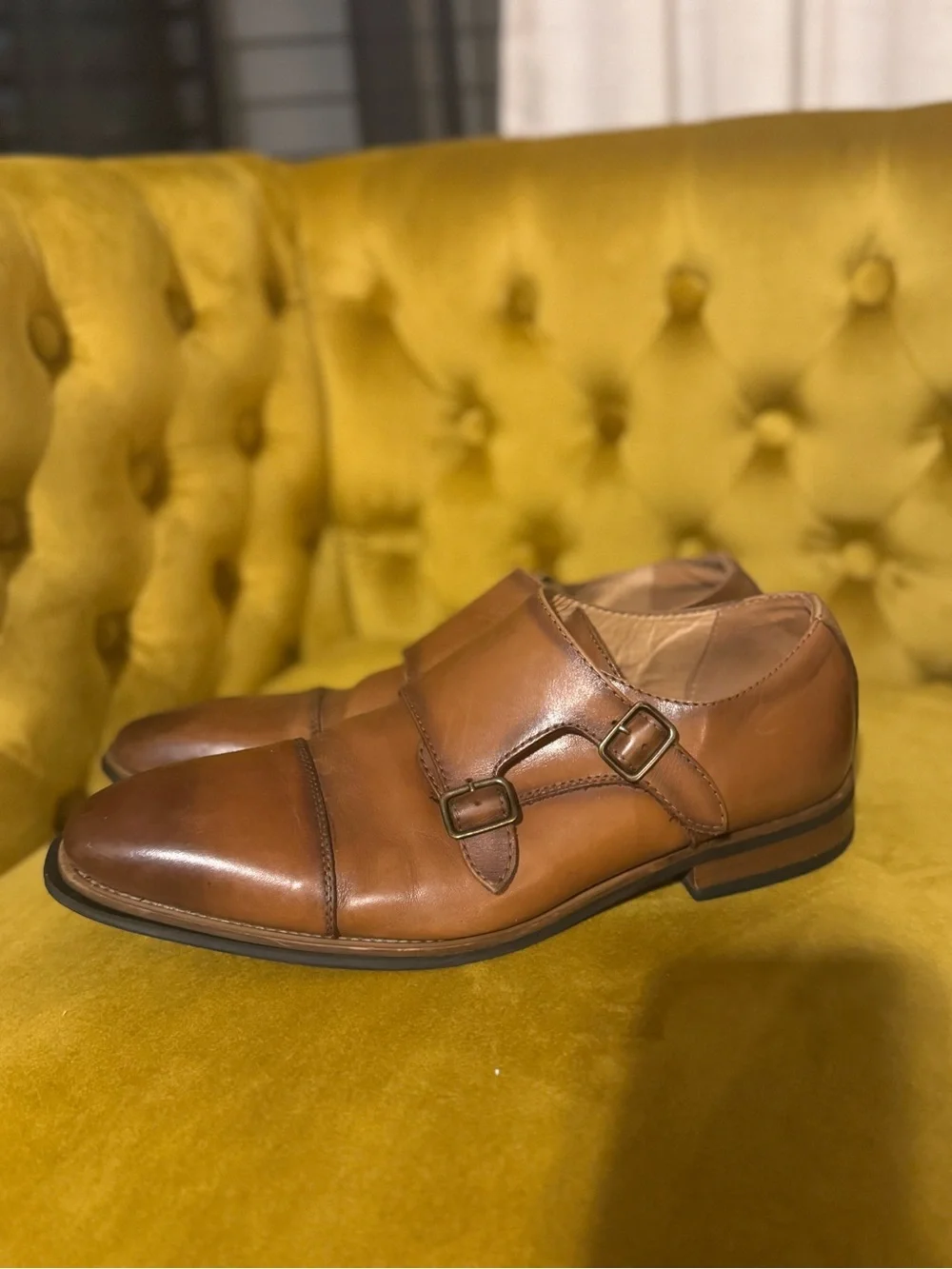 Men's Double Monk Strap Oxfords in Light Brown Leather